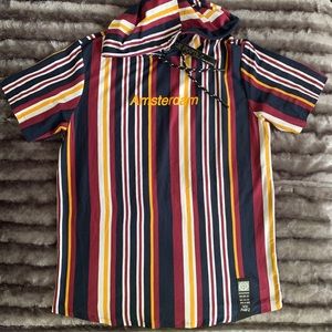 Multi color striped hooded short sleeve tee